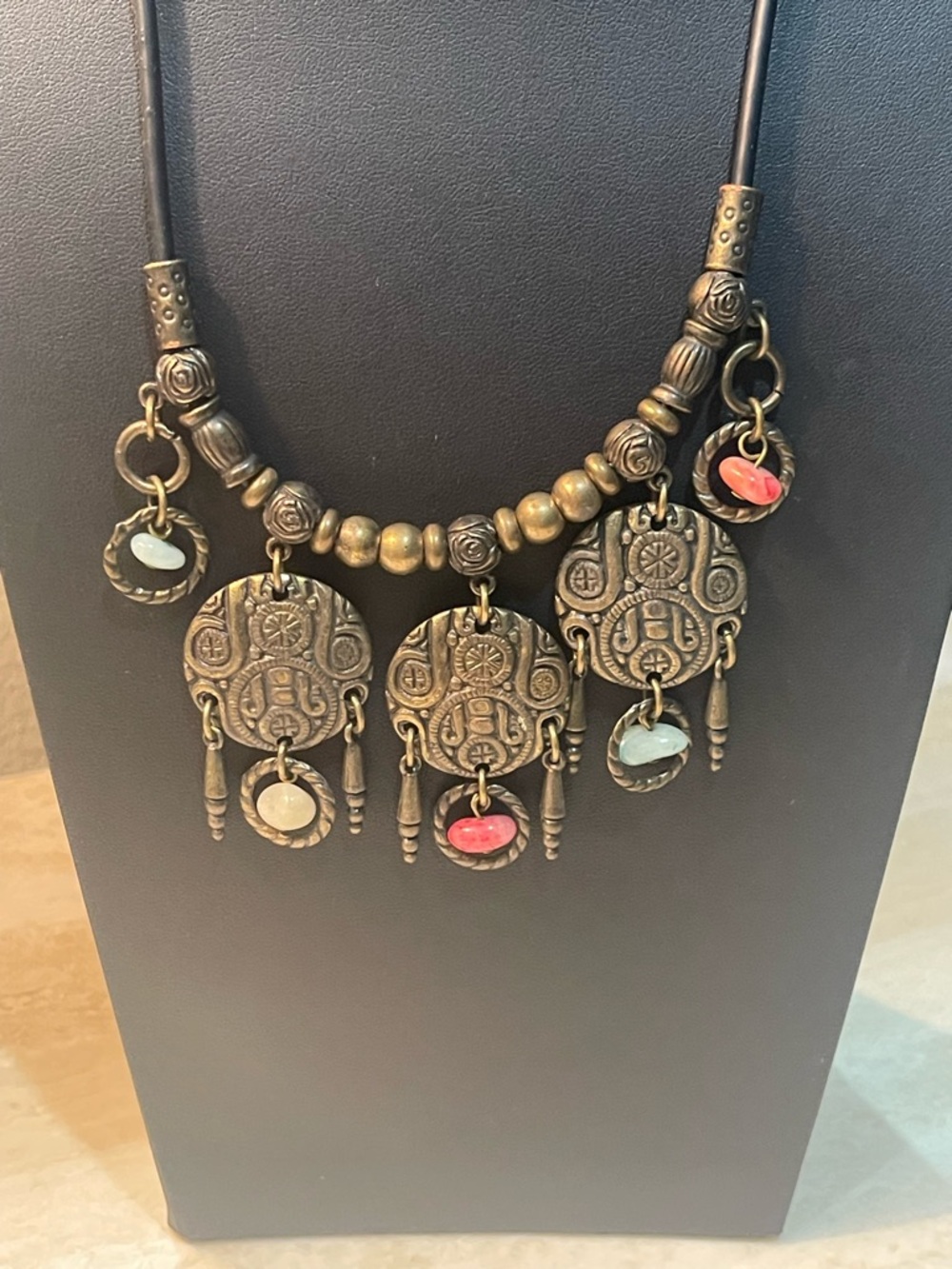 Bohemian Antique Brass Pendant Necklace with Multicolor Stone Accents